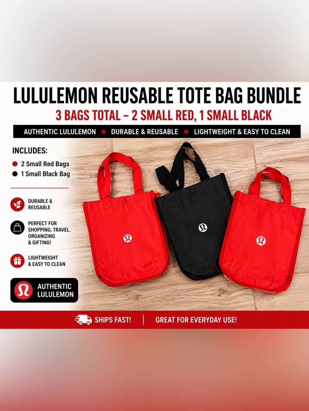 Lululemon Tote Bag Bundle Small 2 Red 1 Black Authentic